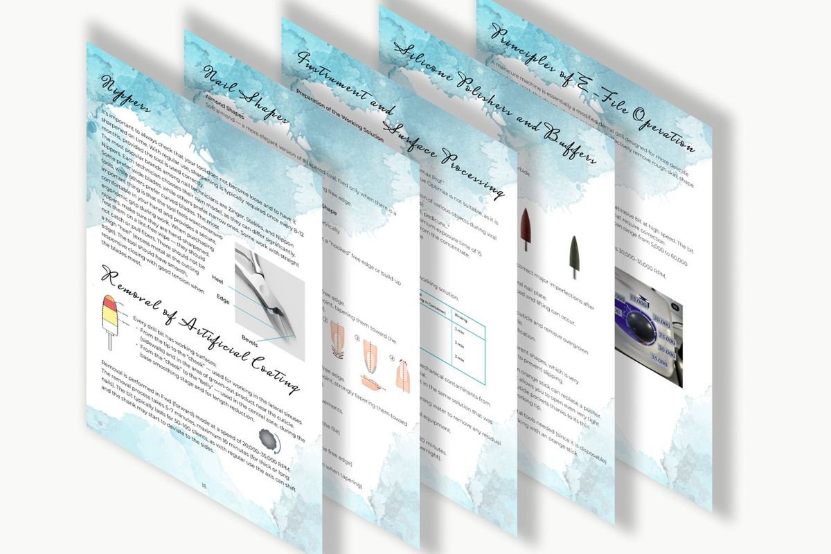 Pages of an illustrated Russian manicure training guide fanned out