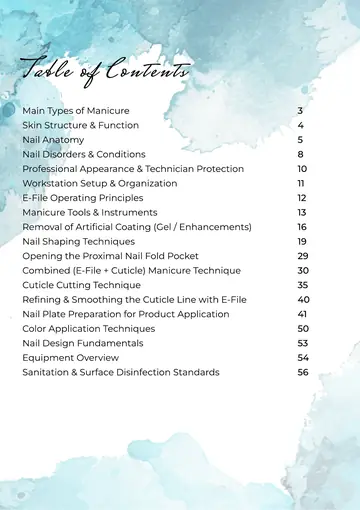 Table of contents of the guide: 19 modules from main types of manicure to sanitation